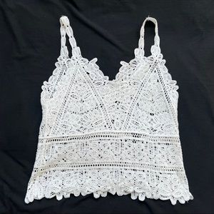 White Lace Crochet Boho Crop Top Cut Out Sleeveless 34" Bust Stretchy